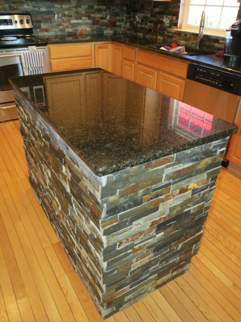 Finished Kitchen Island after Granite and Slate Tile Installation